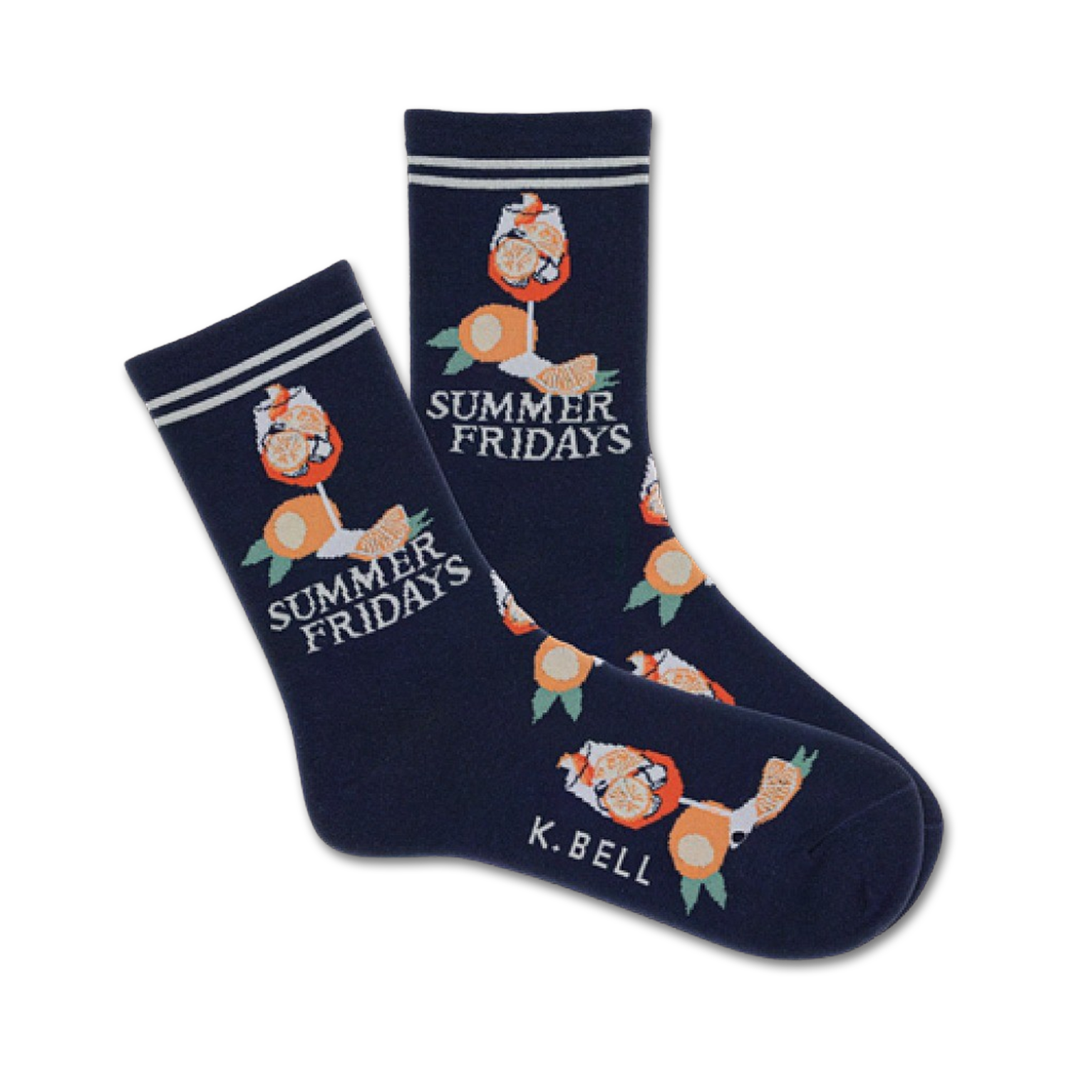 A pair of navy blue crew socks with a fun design. The socks feature an illustration of an orange cocktail drink and the words 'Summer Fridays'.