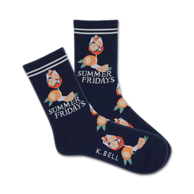 crew-length colorful womens socks with orange slice pattern, "summer fridays' and 'k. bell' text   