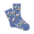 A pair of blue crew socks with a fun farm animal print: chickens, ducks, bunnies, and their babies.