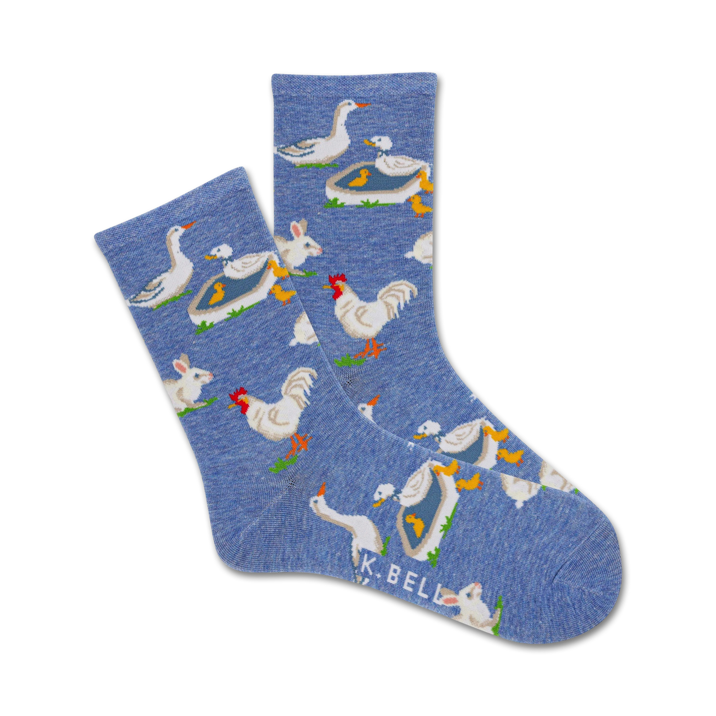 A pair of blue crew socks with a fun farm animal print: chickens, ducks, bunnies, and their babies.