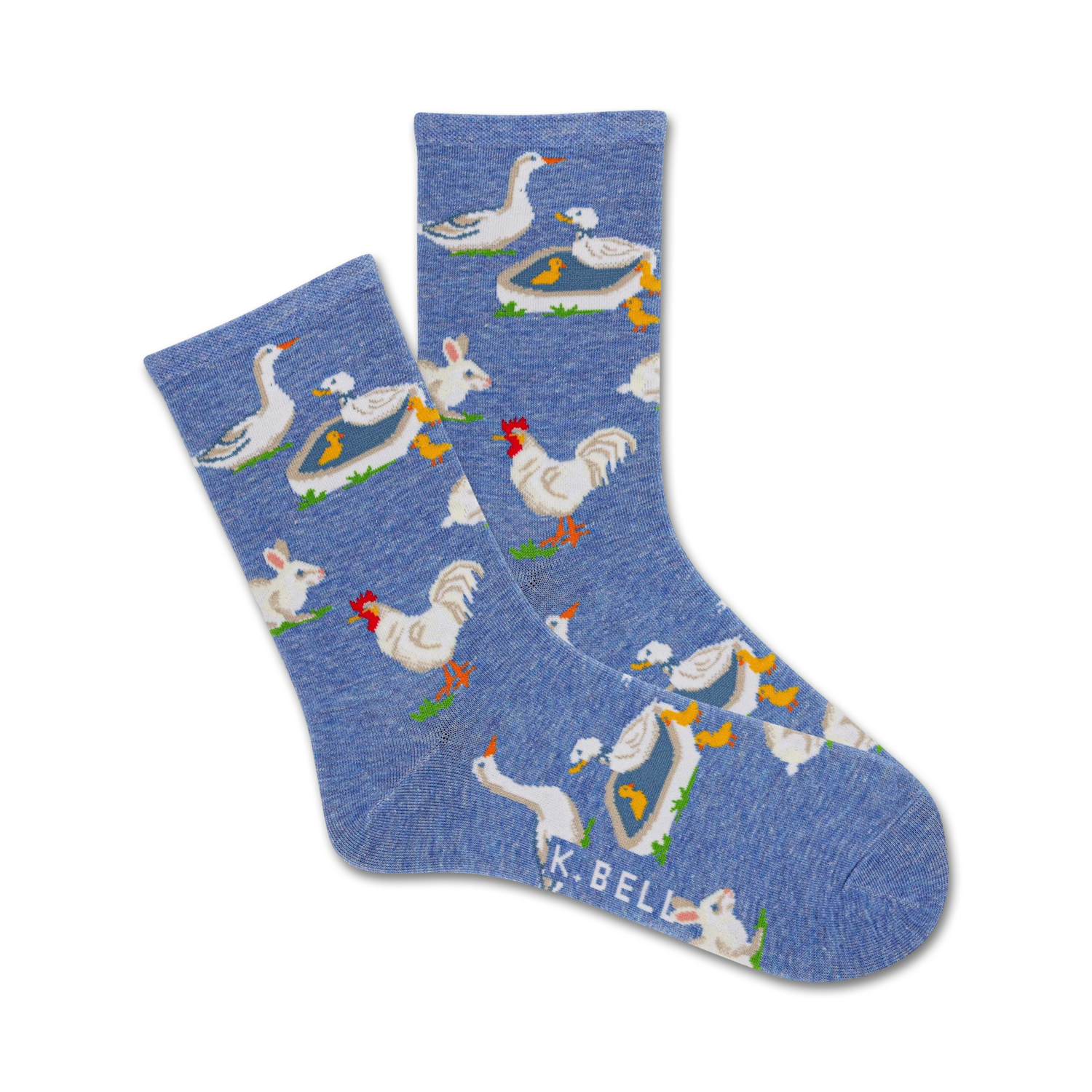A pair of blue crew socks with a fun farm animal print: chickens, ducks, bunnies, and their babies.