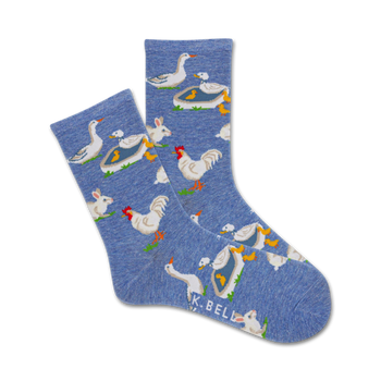 women's crew socks with bright pattern of ducks, chickens, and rabbits on blue.  