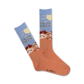 Pair of crew socks in peach and light blue.  The design features a sun, buns, and the text 'Suns Out Buns Out'.