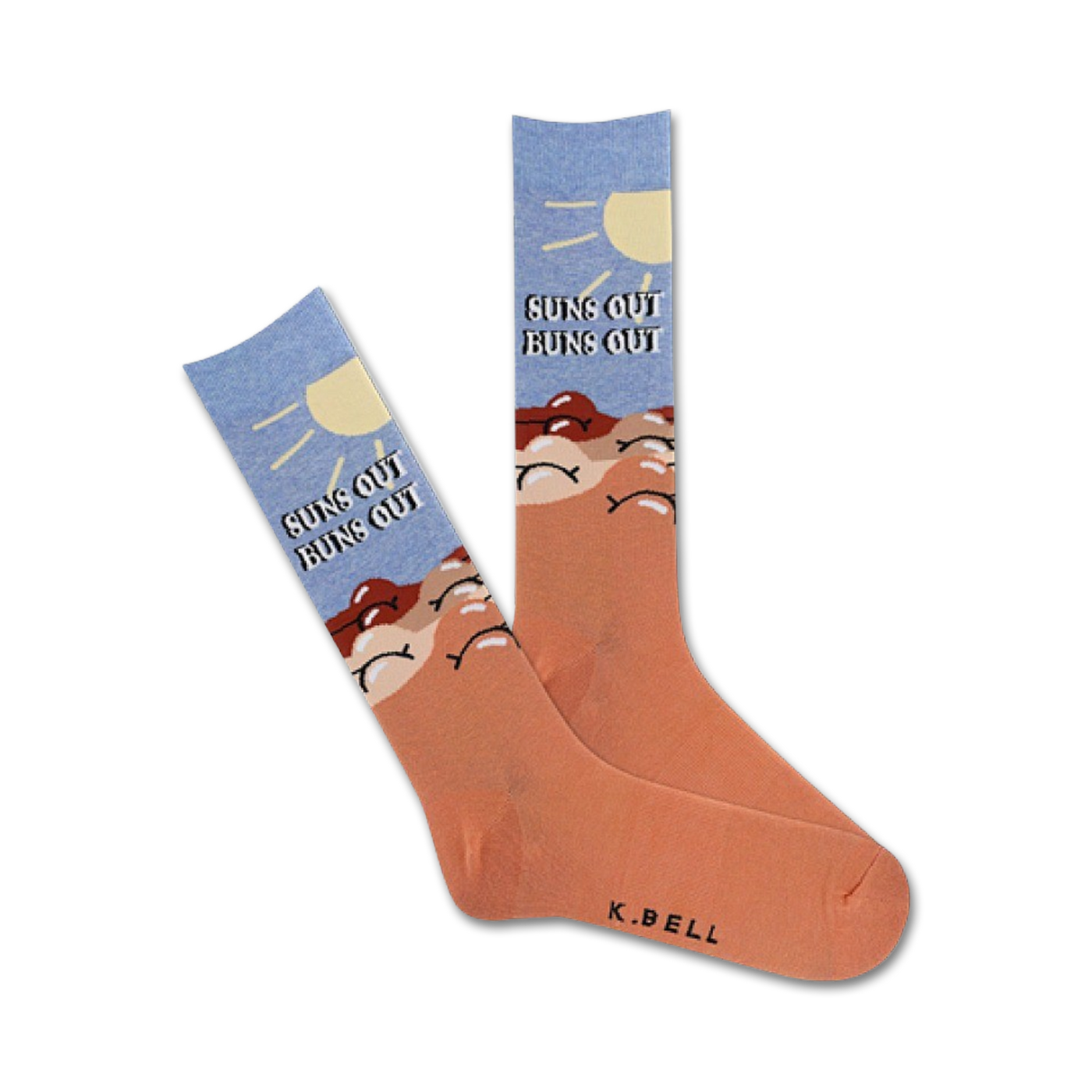 Pair of crew socks in peach and light blue.  The design features a sun, buns, and the text 'Suns Out Buns Out'.