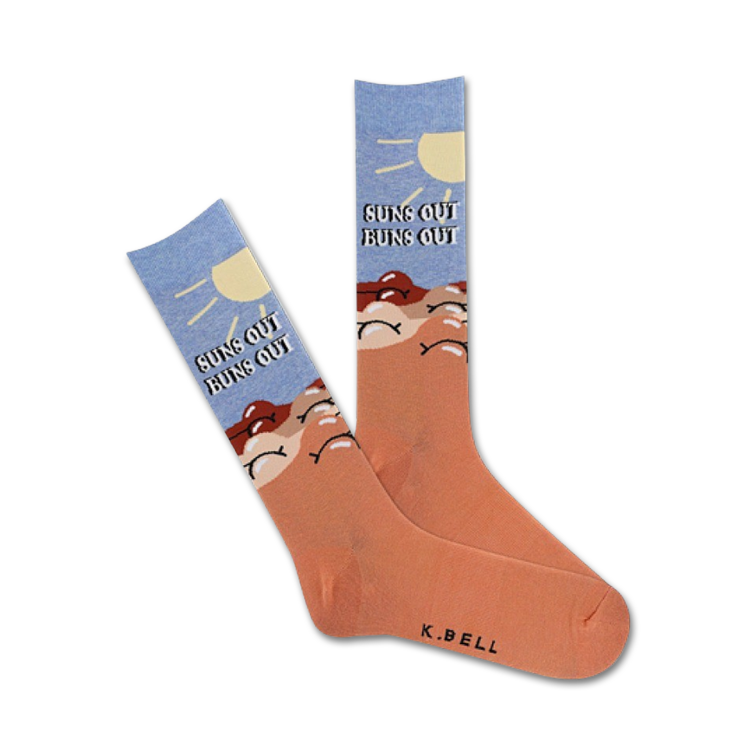 Pair of crew socks in peach and light blue.  The design features a sun, buns, and the text 'Suns Out Buns Out'.