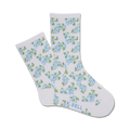 Pair of white crew socks adorned with a dainty blue and green floral pattern.  A subtle logo is visible near the heel.