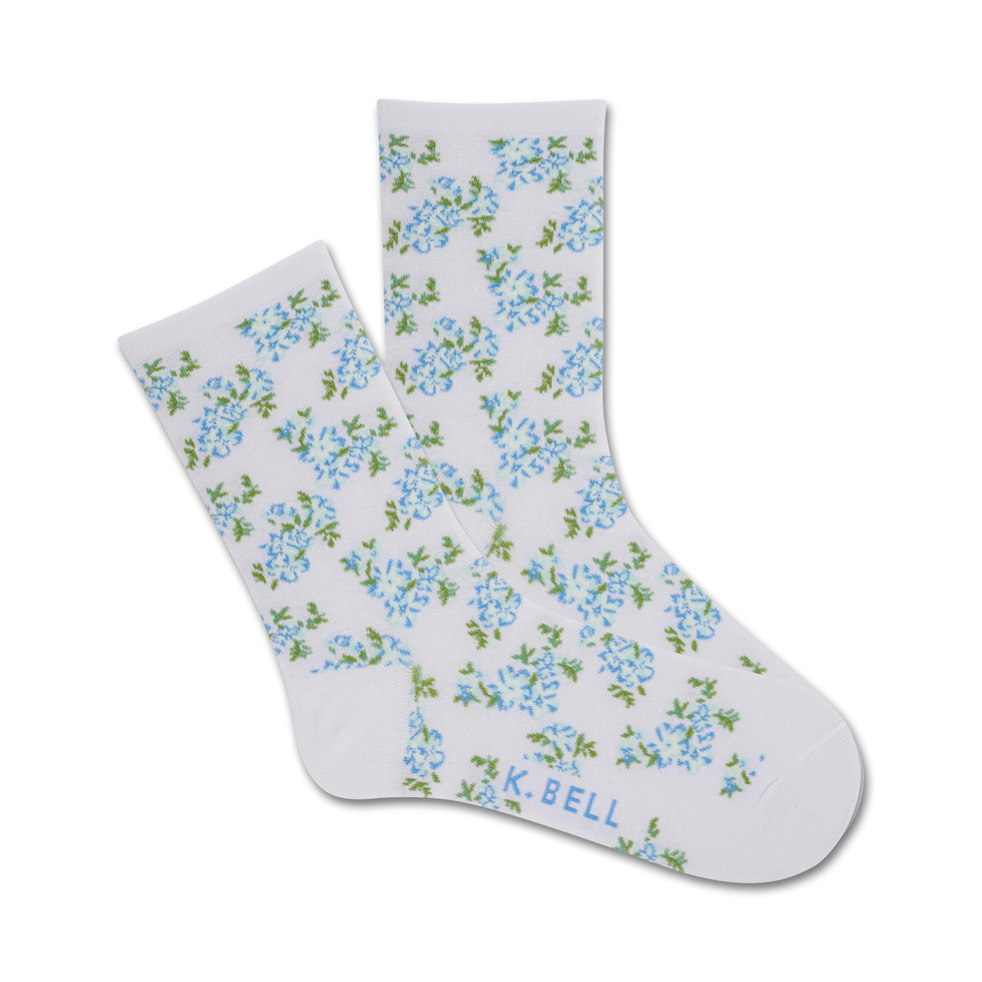 Pair of white crew socks adorned with a dainty blue and green floral pattern.  A subtle logo is visible near the heel.