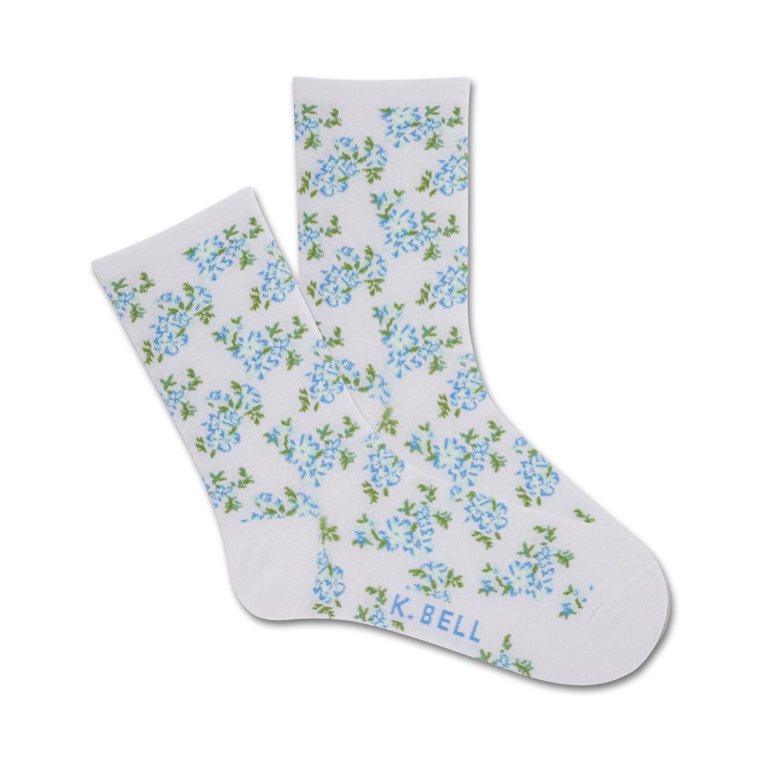 Pair of white crew socks adorned with a dainty blue and green floral pattern.  A subtle logo is visible near the heel.