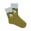 Pair of crew socks; olive green with a cream-colored top featuring two lambs in a pastoral scene and the text 'Oh, Sheep!'