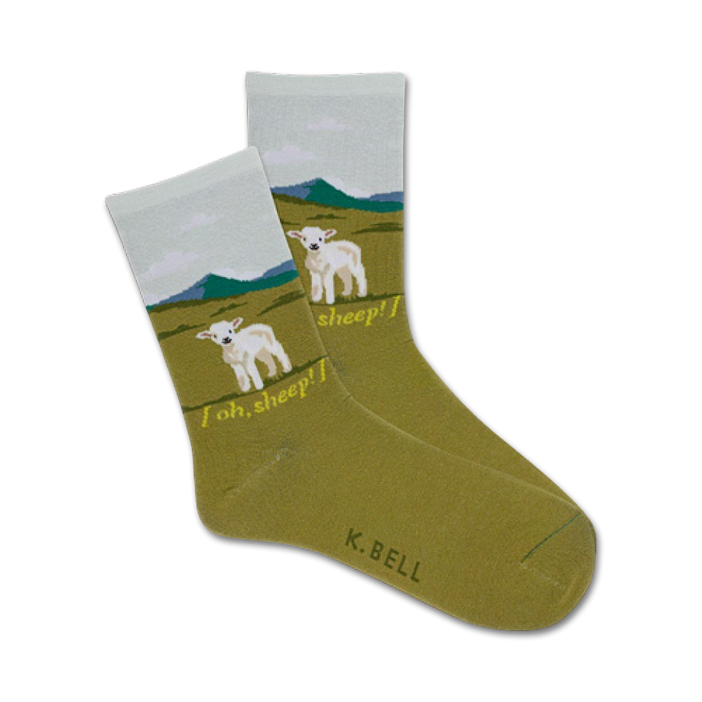 Pair of crew socks; olive green with a cream-colored top featuring two lambs in a pastoral scene and the text 'Oh, Sheep!'