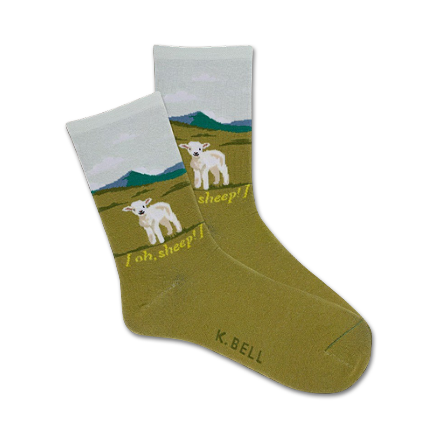 Pair of crew socks; olive green with a cream-colored top featuring two lambs in a pastoral scene and the text 'Oh, Sheep!'