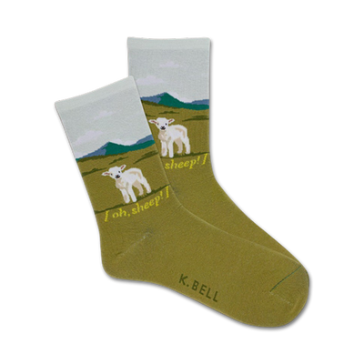 white sheep frolic on green hills under bright blue skies, wearing oh, sheep! women's crew socks.  