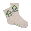Pair of beige crew socks with a green recycle symbol and 'Don't Be Trashy' text. 