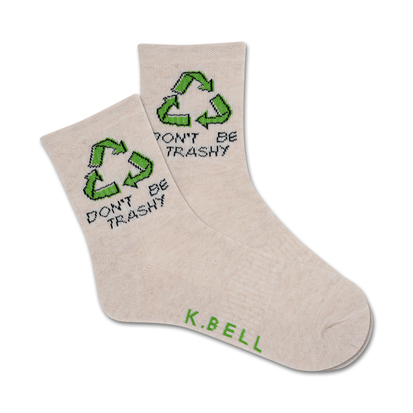 Pair of beige crew socks with a green recycle symbol and 'Don't Be Trashy' text. 