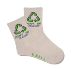 Pair of beige crew socks with a green recycle symbol and 'Don't Be Trashy' text. 