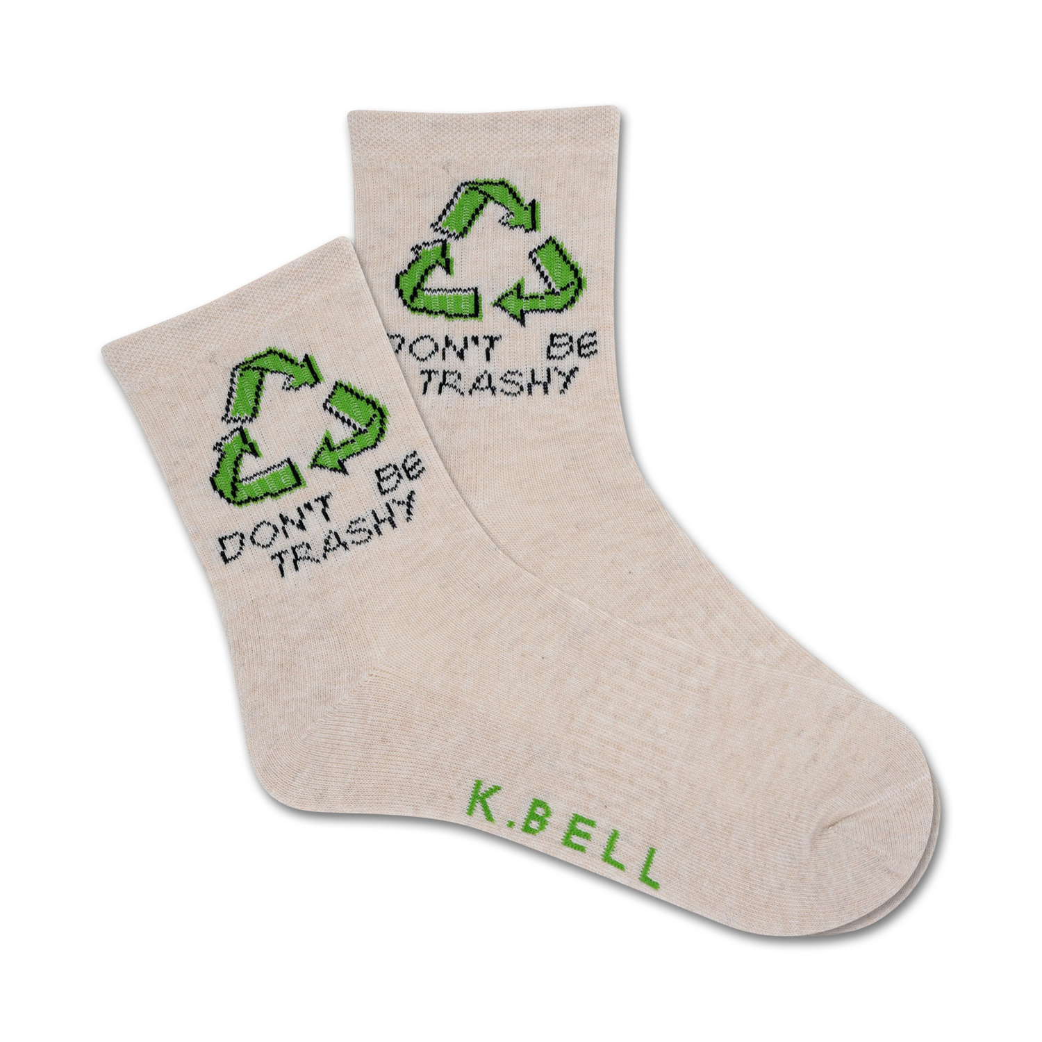 Pair of beige crew socks with a green recycle symbol and 'Don't Be Trashy' text. 