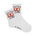 Pair of white crew socks with orange pretzel image and 'Extra Sally' text.  K.BELL logo on the sole.