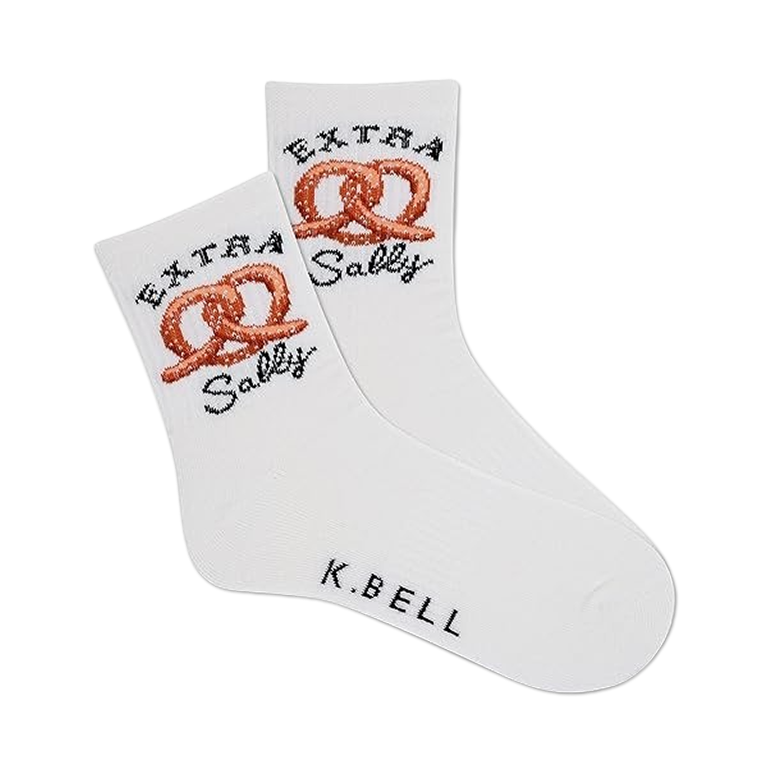 Pair of white crew socks with orange pretzel image and 'Extra Sally' text.  K.BELL logo on the sole.