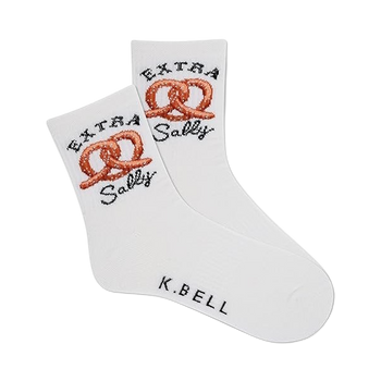 white crew socks with "extra salty" and "k. bell" in black letters with a pretzel graphic.   