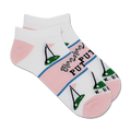 Pair of women's ankle socks in white and pink. Features a golf putting graphic and the text 'Here for the Putts'.
