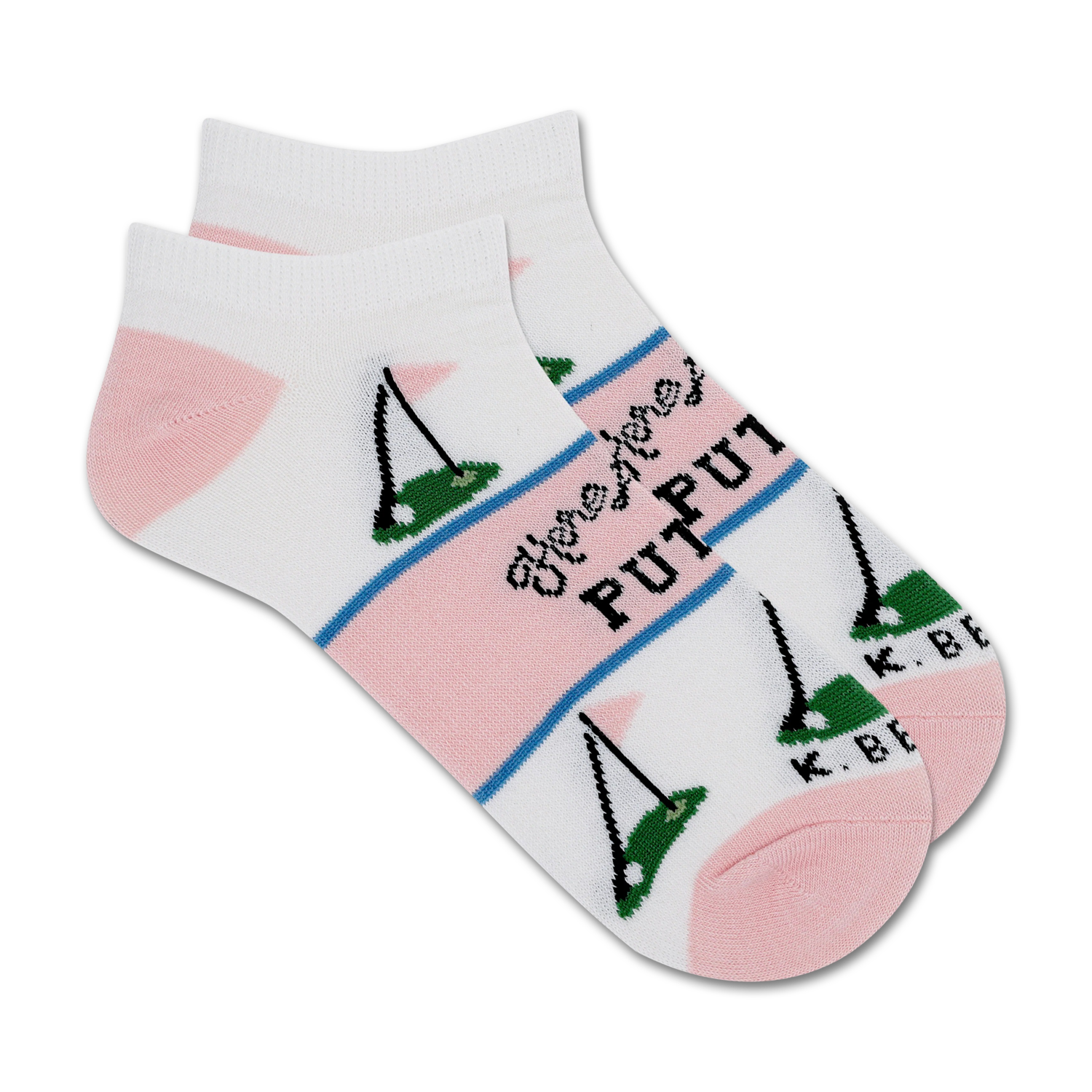 Pair of women's ankle socks in white and pink. Features a golf putting graphic and the text 'Here for the Putts'.