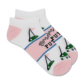 ankle-length women's golf socks with white, pink, and light blue patterns of golf clubs, golf balls, and the words 'here for the putts'.  