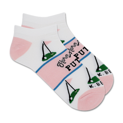 ankle-length women's golf socks with white, pink, and light blue patterns of golf clubs, golf balls, and the words 'here for the putts'.  