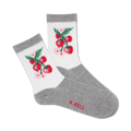 Pair of women's crew socks. White with grey cuffs, featuring an embroidered strawberry vine design in red, green, and pink.