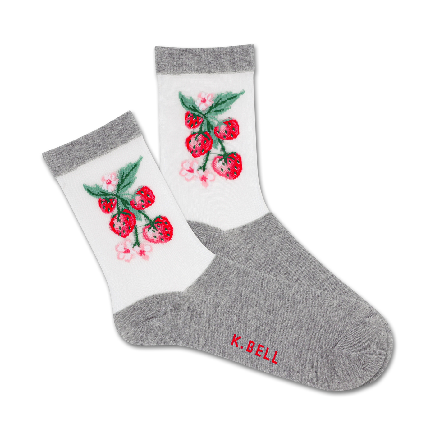 Pair of women's crew socks. White with grey cuffs, featuring an embroidered strawberry vine design in red, green, and pink.