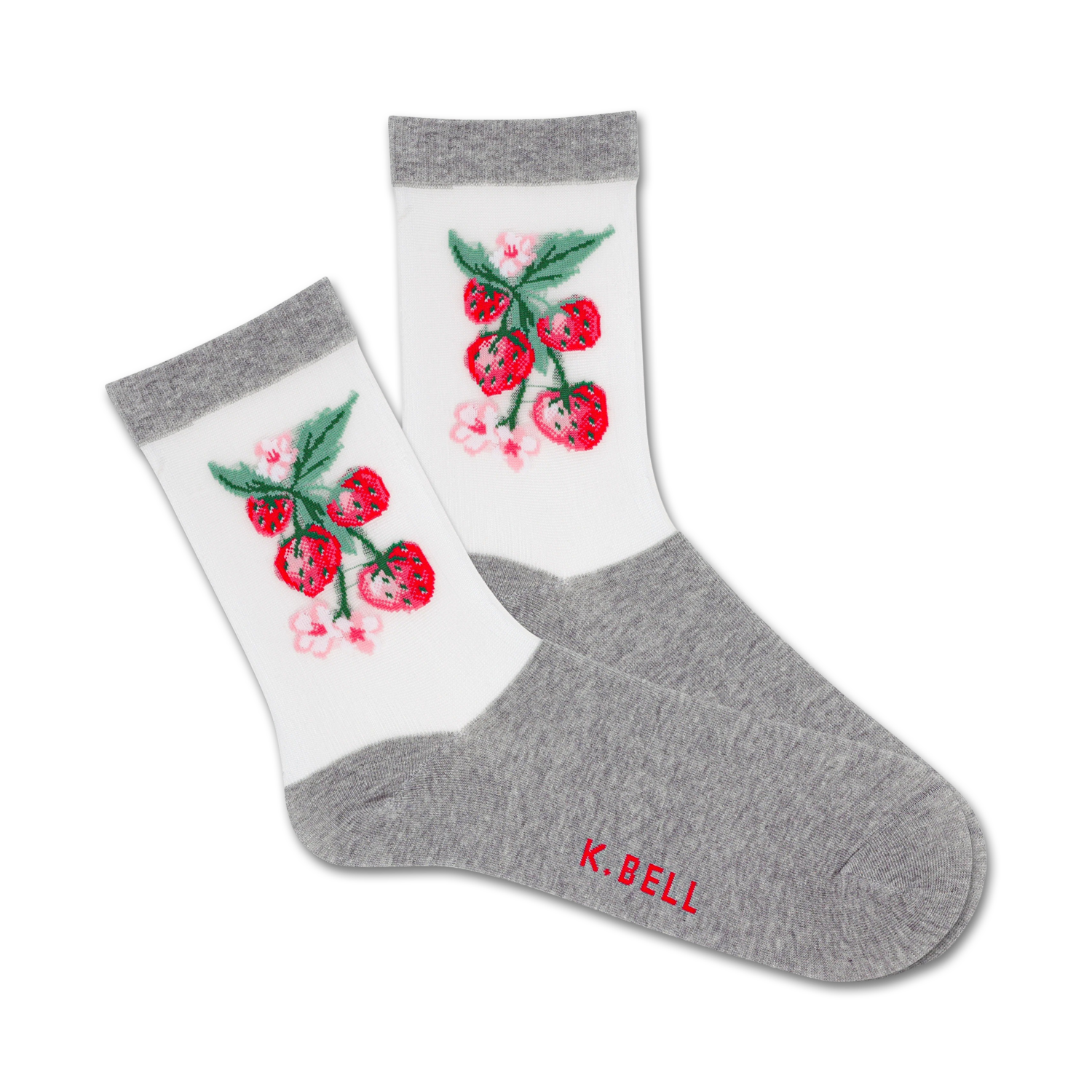 Pair of women's crew socks. White with grey cuffs, featuring an embroidered strawberry vine design in red, green, and pink.