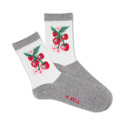 sheer strawberry vines women's crew socks. red strawberries, green leaves, white background.   