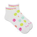 Pair of white ankle socks adorned with colorful tennis ball graphics and the phrase 'Tennis Takes Balls' at the top.