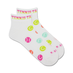 Pair of white ankle socks adorned with colorful tennis ball graphics and the phrase 'Tennis Takes Balls' at the top.