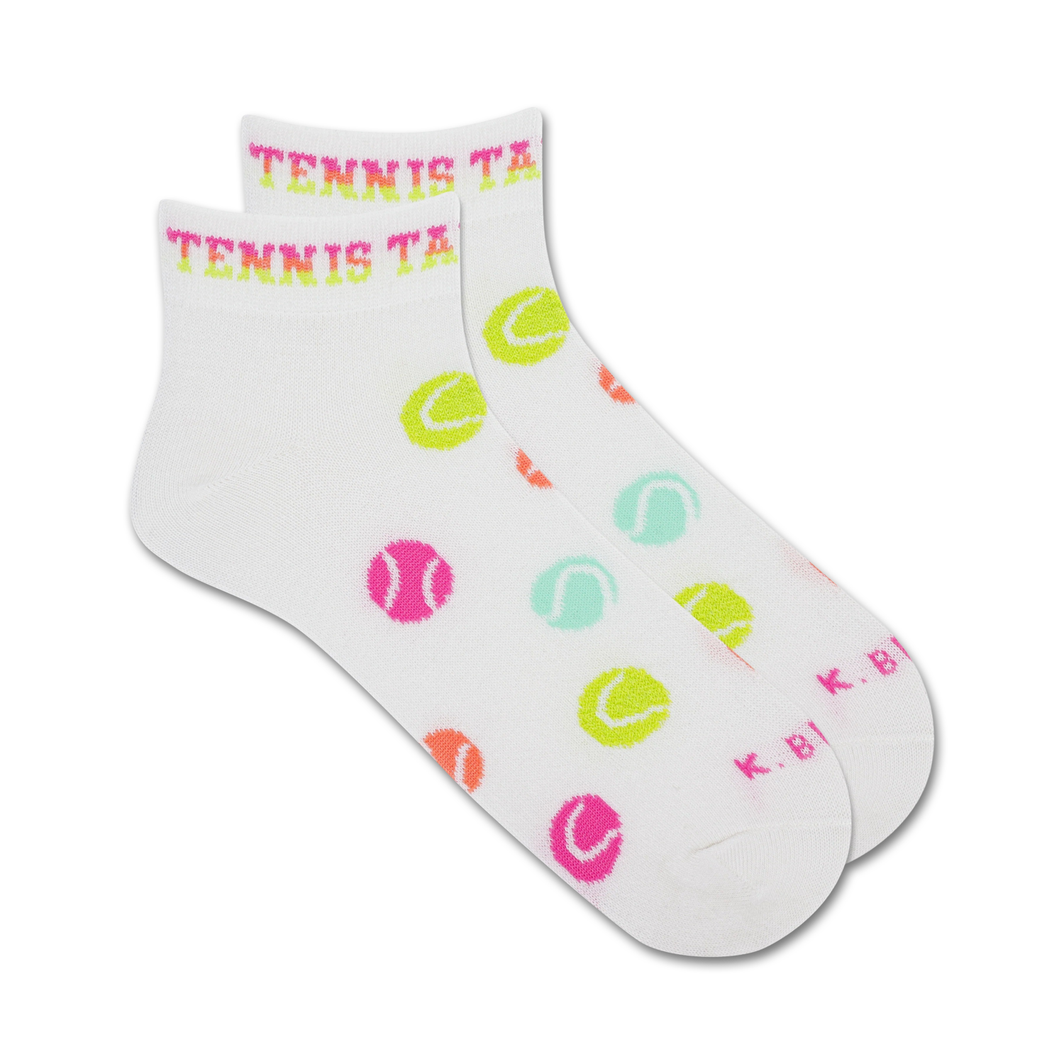 Pair of white ankle socks adorned with colorful tennis ball graphics and the phrase 'Tennis Takes Balls' at the top.