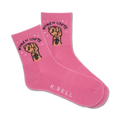 Pair of pink crew socks with a graphic of a raised fist and the text 'Women Unite'.