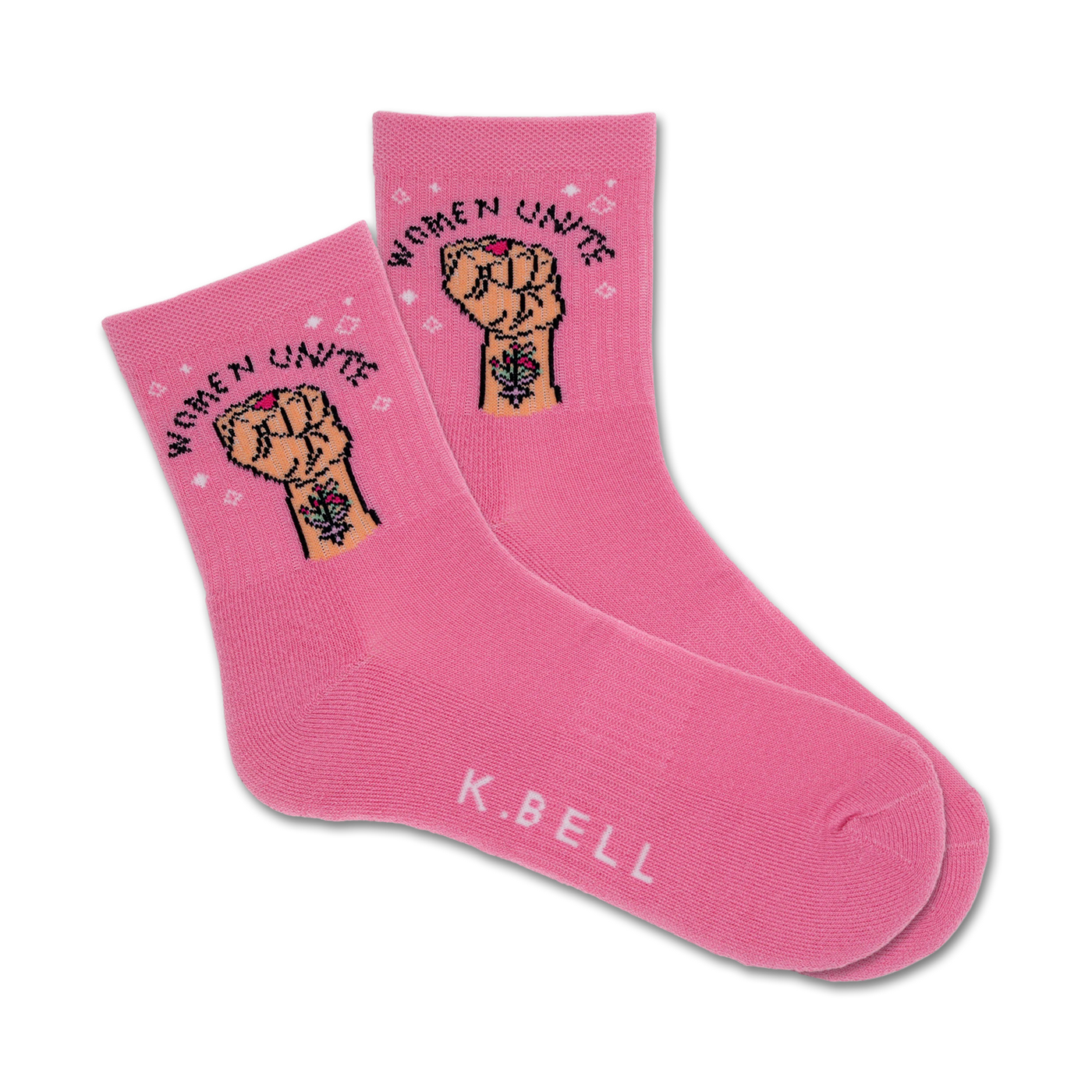 Pair of pink crew socks with a graphic of a raised fist and the text 'Women Unite'.