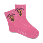 Pair of pink crew socks with a graphic of a raised fist and the text 'Women Unite'.