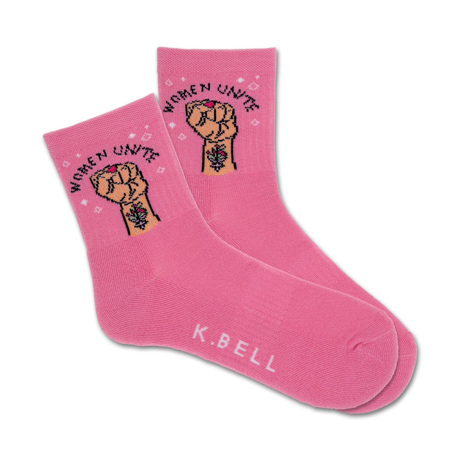 Pair of pink crew socks with a graphic of a raised fist and the text 'Women Unite'.