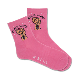pink crew socks featuring "women unite" slogan and feminist fist with rose graphic.   
