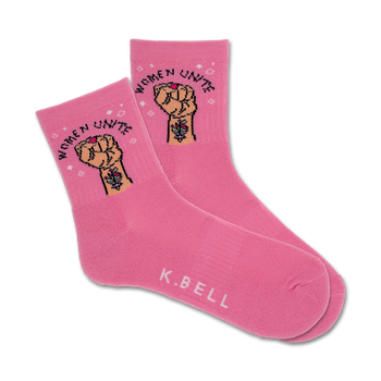 pink crew socks featuring "women unite" slogan and feminist fist with rose graphic.   