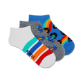 Three pairs of ankle socks. One white with colorful stripes, one gray with roller skates and records, one blue with rainbows and records.
