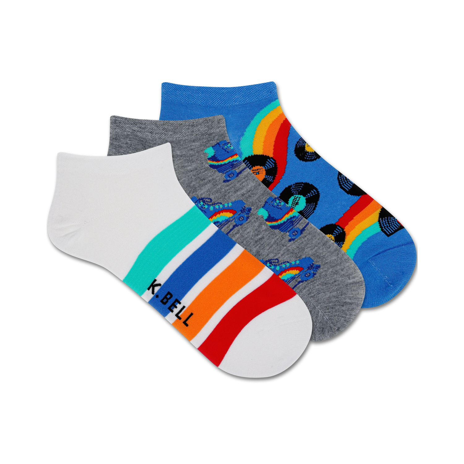 Three pairs of ankle socks. One white with colorful stripes, one gray with roller skates and records, one blue with rainbows and records.