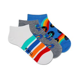 womens' ankle socks with roller skate, rainbow, and music-themed patterns.  
