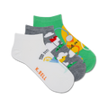 Three ankle socks; one white with golf-themed illustration, one gray with golf course, one green with golf ball. K. Bell logo.
