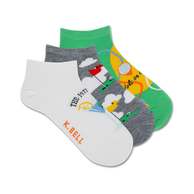 3-pack of women's golfing ankle socks featuring golf clubs, balls, flags, clouds, and lemons patterns  