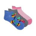 Three ankle socks: one light blue with pineapple designs, one grey with pink flamingos and lime wedges, and one pink and white striped sock.