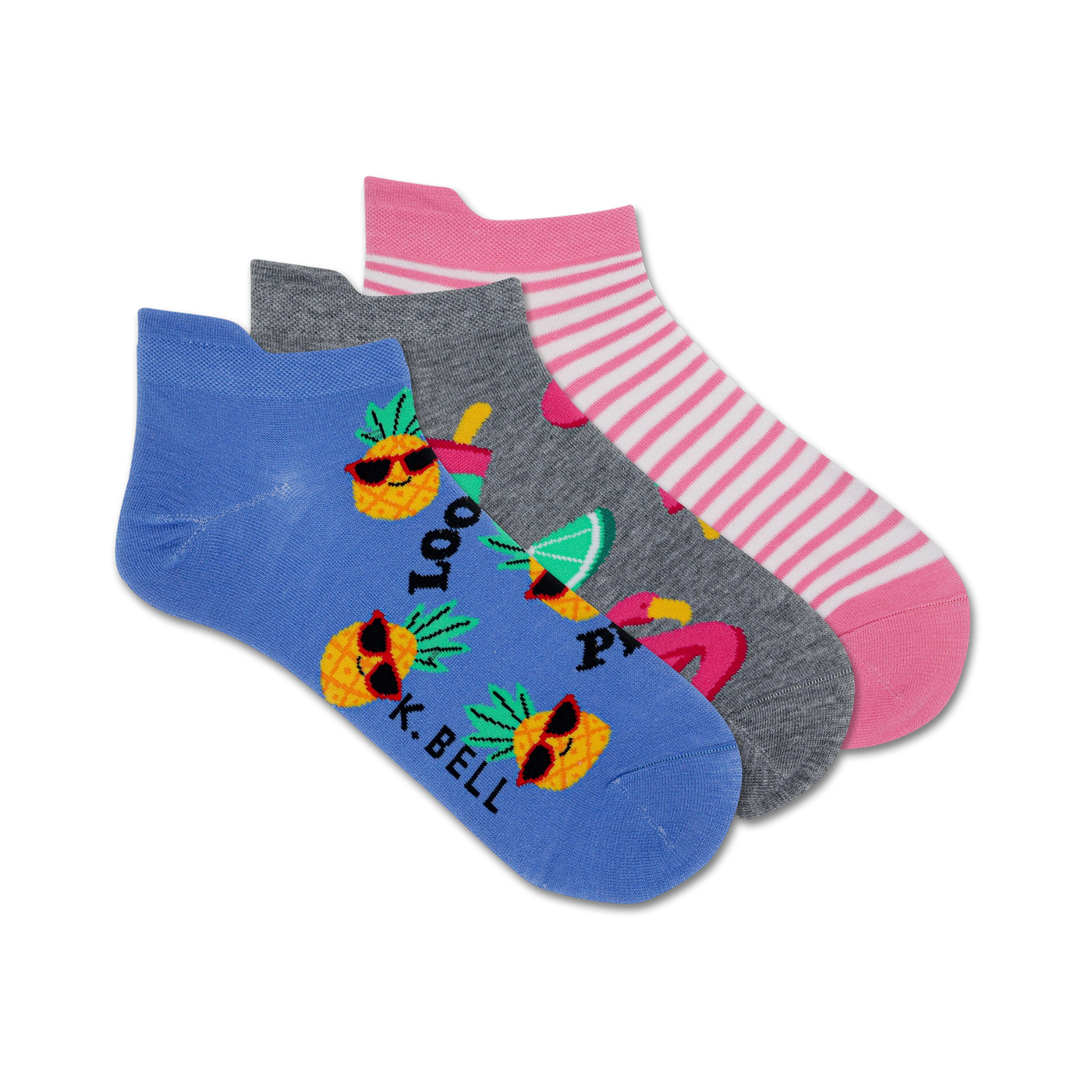 Three ankle socks: one light blue with pineapple designs, one grey with pink flamingos and lime wedges, and one pink and white striped sock.