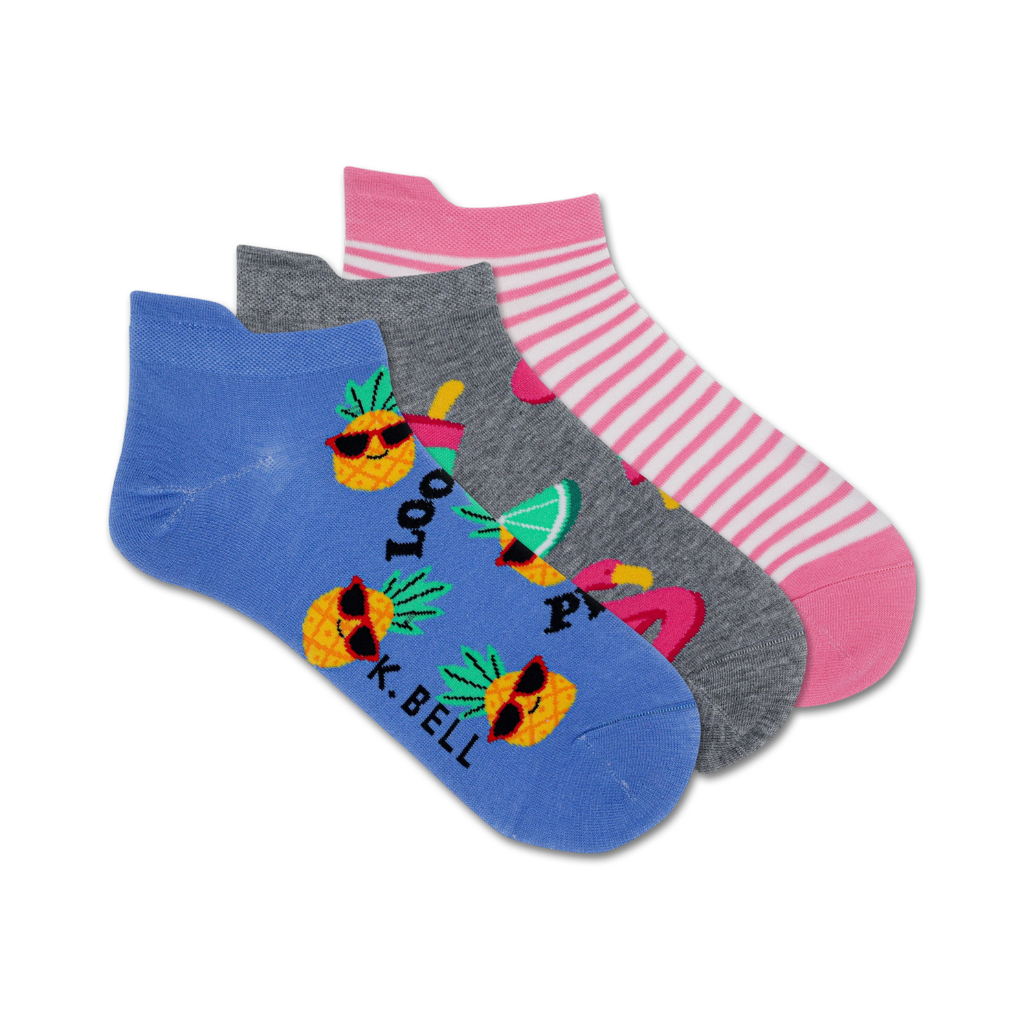 Three ankle socks: one light blue with pineapple designs, one grey with pink flamingos and lime wedges, and one pink and white striped sock.