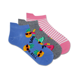 women's ankle socks with summer-themed patterns: sunglasses-wearing pineapples, pink flamingos, lime wedges, and pink and white stripes.  
