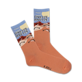 Pair of peach crew socks with a light blue sky, sun, and buns design.  Text reads 'Suns Out Buns Out'.